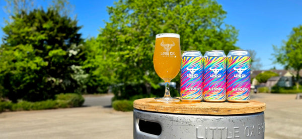Pint of All Sorts beer and cans on a keg with bright sky and trees in background