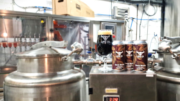 Choca Mocha coffee stout in a glass and cans 