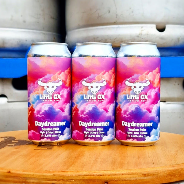 Little Ox Daydreamer Session Pale 3.6% three beer cans with barrels in the background