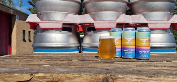 Little Ox Hazy Logic beer cans and glass on a background of kegs