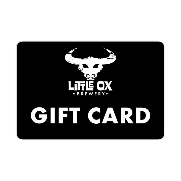 A black gift card with rounded corners featuring a white bull head logo above the text 'LITTLE OX BREWERY' and large 'GIFT CARD' text, shown on a white background.