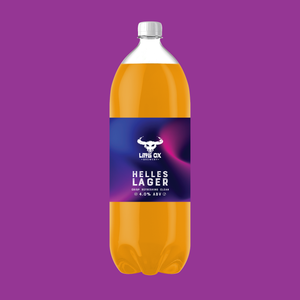 2 lire PET bottle of Little Ox Brewery Helles Lager on a purple background