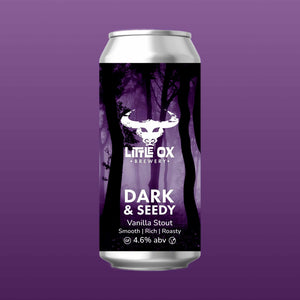 Can of Little Ox Dark & Seedy Vanilla Stout on a purple background