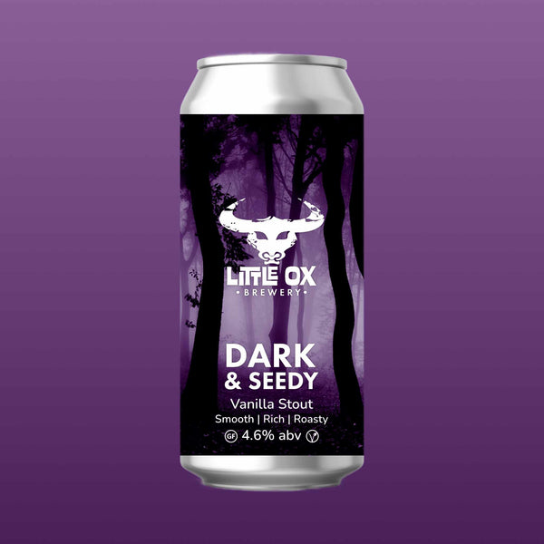 Can of Little Ox Dark & Seedy Vanilla Stout on a purple background