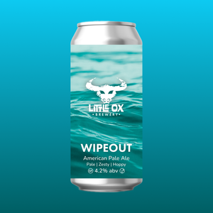 A can of 'Wipeout' American Pale Ale by Little Ox Brew Co with a wave graphic design.