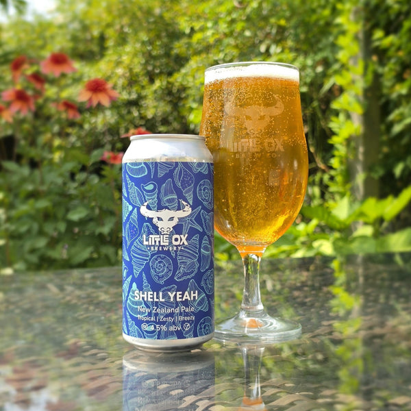 A can of Little Ox Brewery Shell Yeah beer next to a filled glass of the golden beer, set on a reflective table with a blurred garden background.