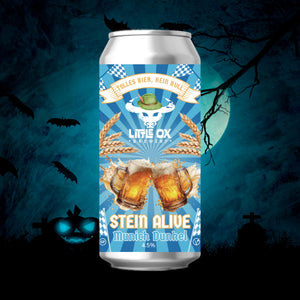 A can of Little Ox Brewery Stein Alive Munich Dunkel on a background of spooky landscape with a pumpkin and bats.