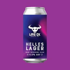 Can of Little Ox Helles Lager on purple background