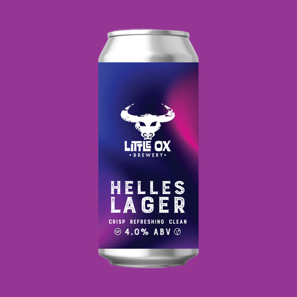 A can of Little Ox Brewery Helles Lager on a purple background