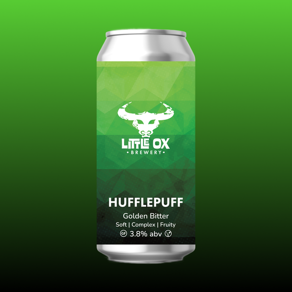 A can of Little Ox Brewery Hufflepuff Golden Bitter on a green background