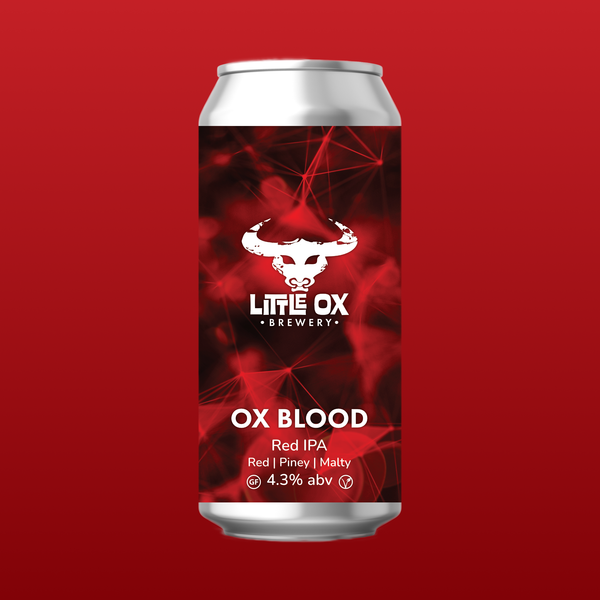 Can of Little Ox Brewery Ox Blood Red IPA on a red background.
