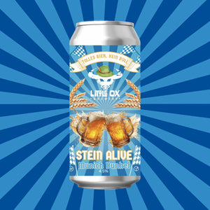 A silver aluminum beer can with a colorful label reading Little Ox Brewery, Stein Alive - Munich Dunkel 4.5%, centered on a blue sunburst background.