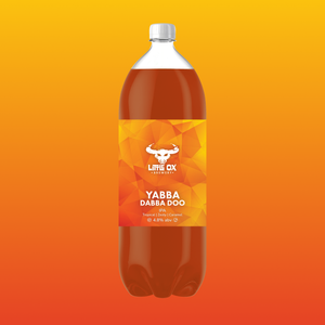 A 2 litre bottle of Little Ox Brewery Yabba Dabba Doo IPA on orage background.