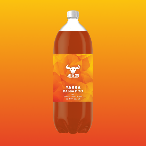 A 2 litre bottle of Little Ox Brewery Yabba Dabba Doo IPA on orage background.